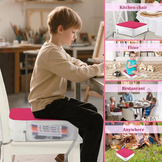 Stoelen voor kinderen, voor op tafel, 4-punts verankering, 9,6 cm, verhoging voor peuters aan de eettafel met zijzakken, antislip en draagbaar zitkussen voor kinderen (roze) — afbeelding 3