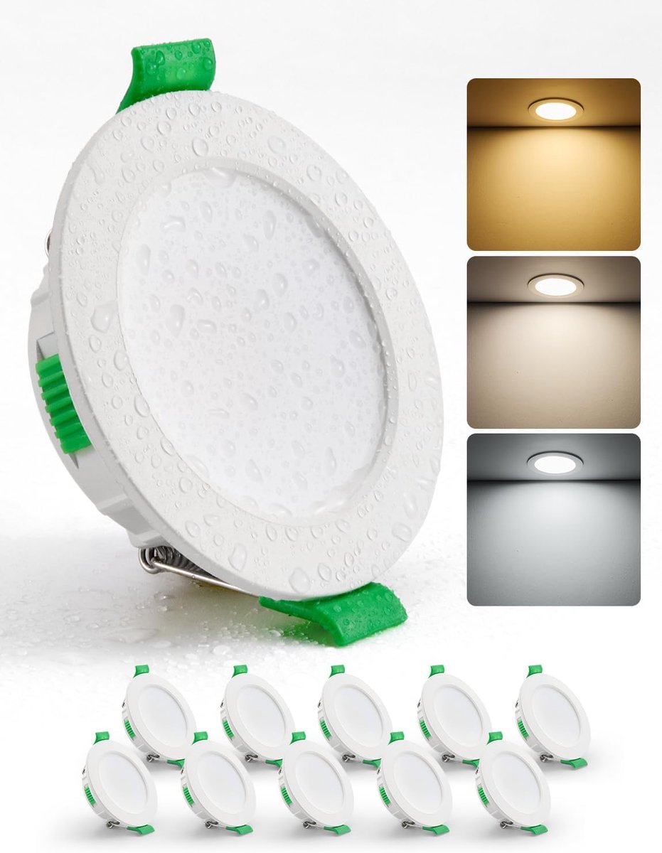 Inbouwspot, 4 W, 380 lm, IP44, voor binnen, led-downlight | Bullautogen, warm wit 2700 K, natuurlijk 4000 K en koud 6000 K, opening 55-68 mm, extra plat 29 mm, niet dimbaar, 10 stuks