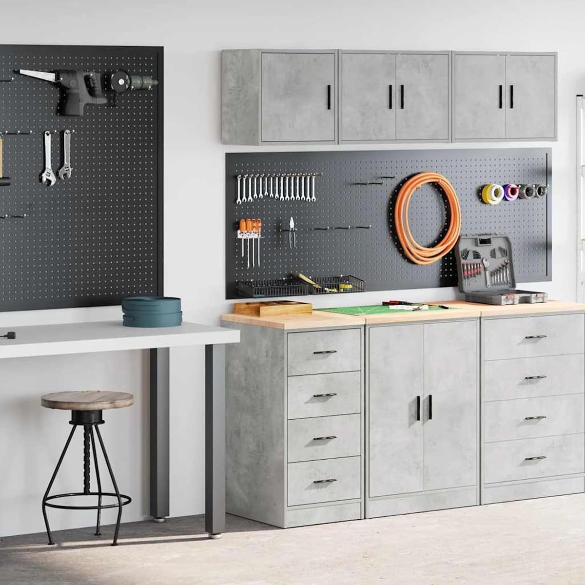 2 stuks grijs cement van meerlaags hout, multifunctionele kast, gereedschapskast, kantoorkast, archiefkast, P3328326