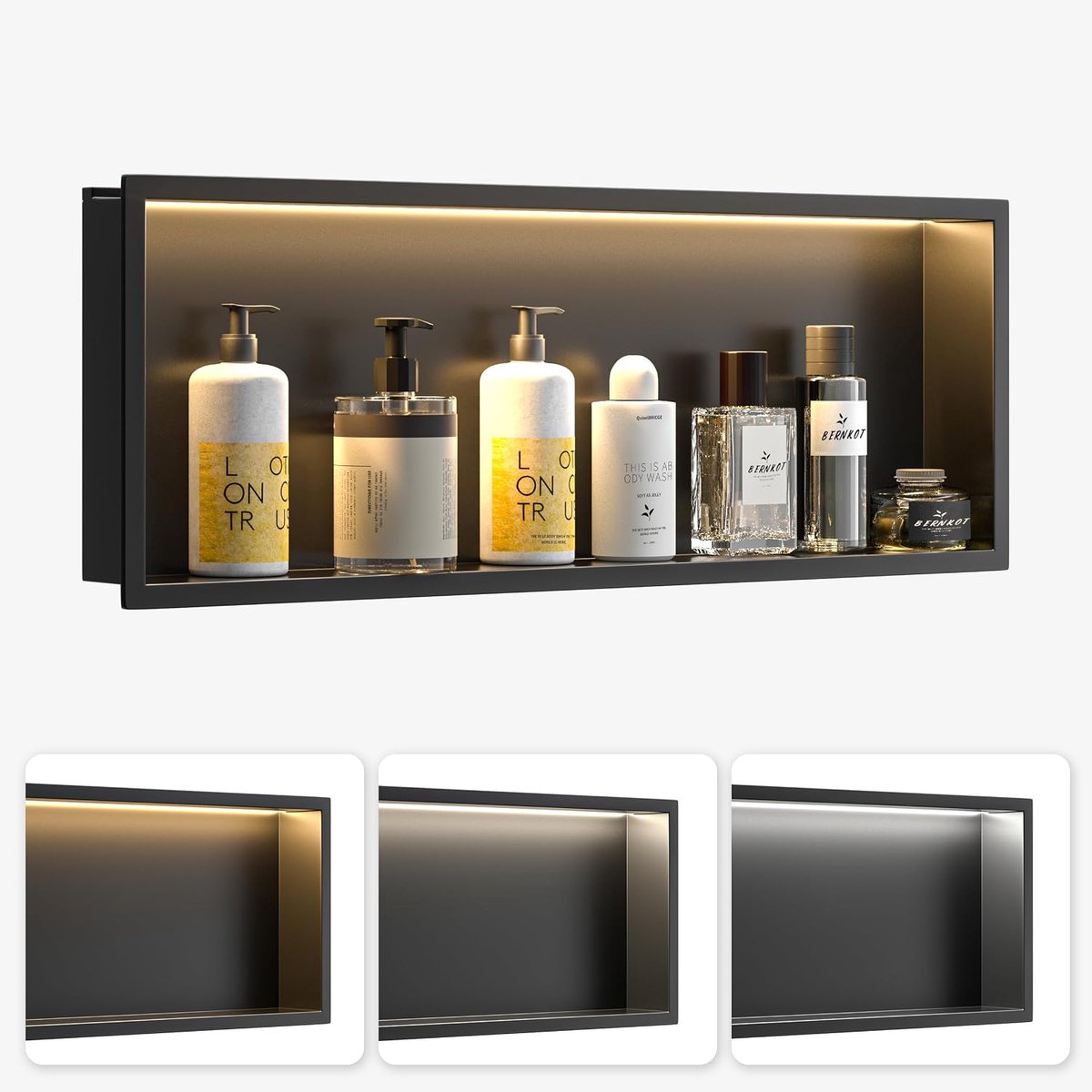 Douche van roestvrij staal met led, douchebak met verlichting voor badkameropslag, inbouwnis met kleurtemperatuurinstelling voor badkameropslag, 30 x 90 x 10 cm, zwart