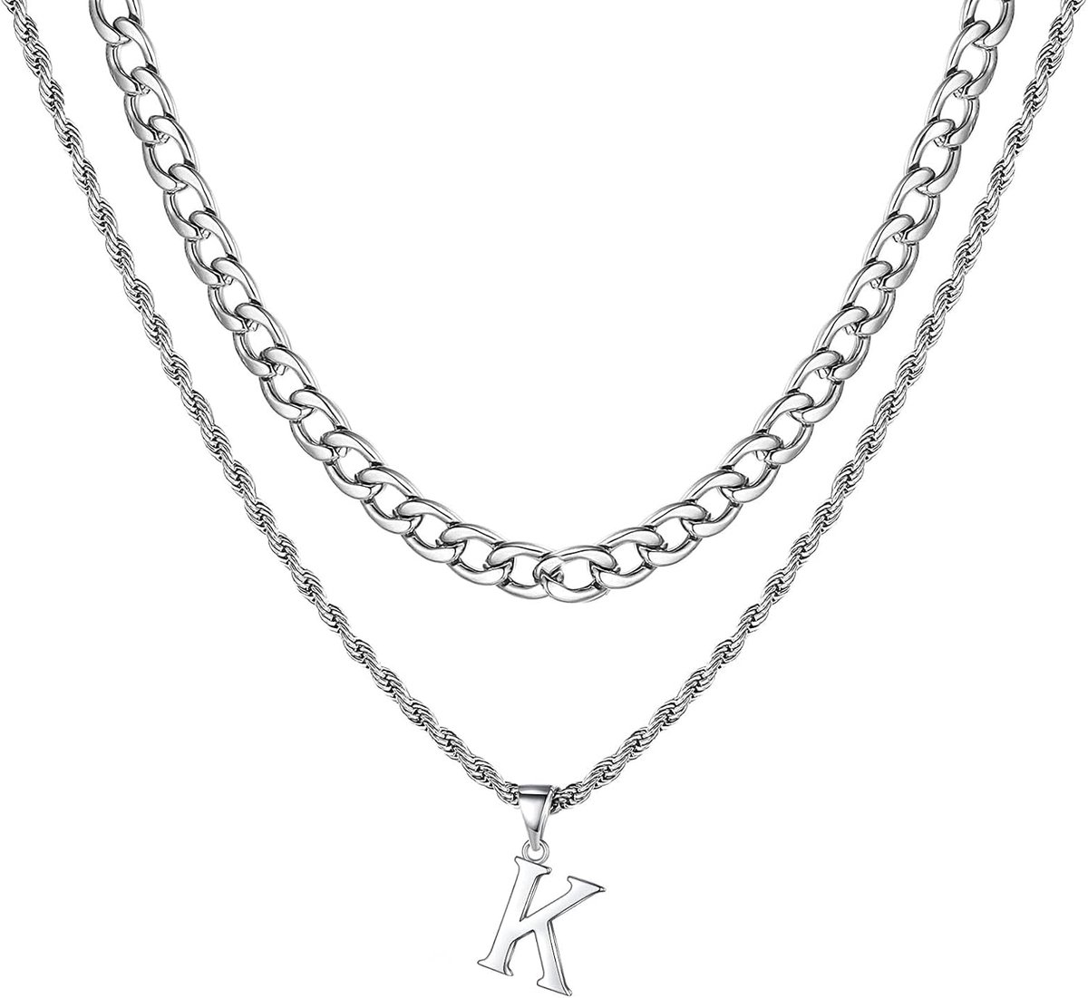 Kettingen voor Mannen, A-Z Letter Ketting 316l Rvs Cubaanse Link Chain Gelaagde Alfabe Hanger Ketting voor Vriendje Liefhebber Valentijnsdag Gift
