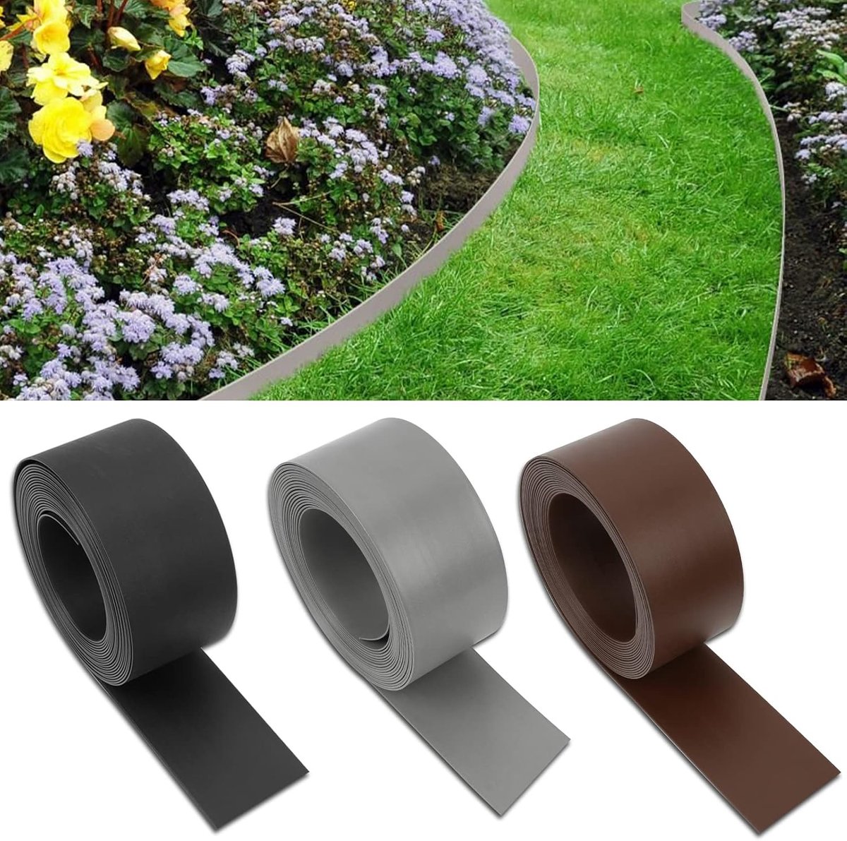 Kunststof maaikant grijs lengte 10 m, hoogte 12,5 cm, bed behuizing van 100% gerecycled plastic, verschillende lengtes verkrijgbaar, perkomranding 10 m, 20 m, 25 m, 30 m, 50 m