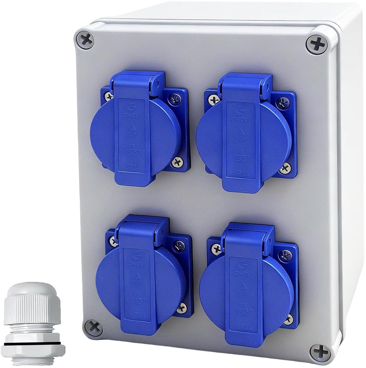 Krachtstroomverdeler, bouwstroomverdeler, 16 A, 4 x 230 V, IP44 verdeelkast, opbouw, stroomverdeler voor buiten, waterdicht, stopcontact voor binnen en buiten