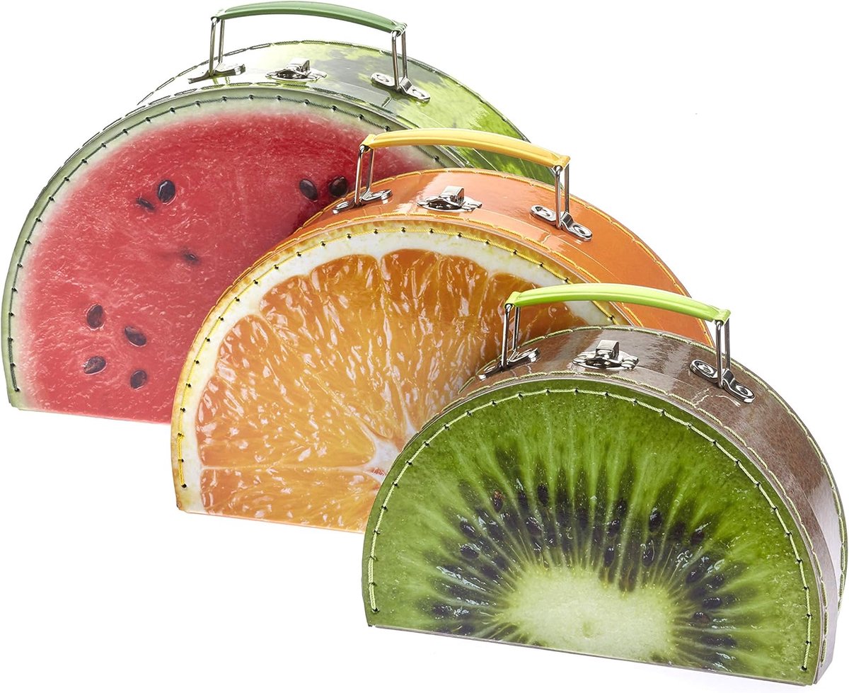 3-delige set kinderkoffer – speelkoffer voor meisjes en jongens rond met fruitmotief meloen, oranje, kiwi - ideaal voor reizen en orde in de kinderkamer