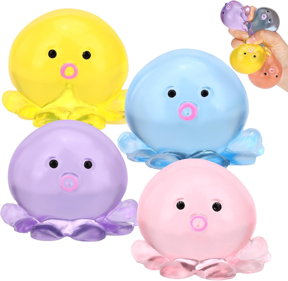 4st Octopus Knijpballen voor Volwassenen, 6x5,3x5,3cm Langzaam Terugverend Schattig Zeedier Knijpspeelgoed voor Feestartikelen Klasprijzen en Verjaardagen (4 Kleuren)