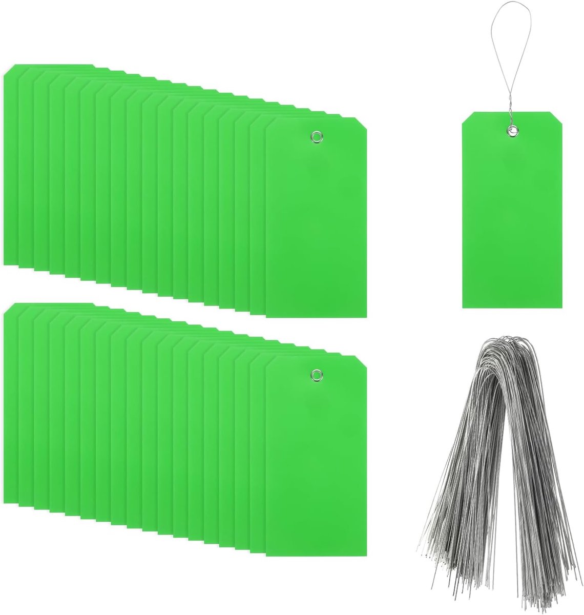 Markeringsetiketten met koord, 100 stuks, 16 x 8 cm, waterdichte labels van rechthoekige kunststof met schrijfoppervlak voor outdoor-bagagekleding, groen