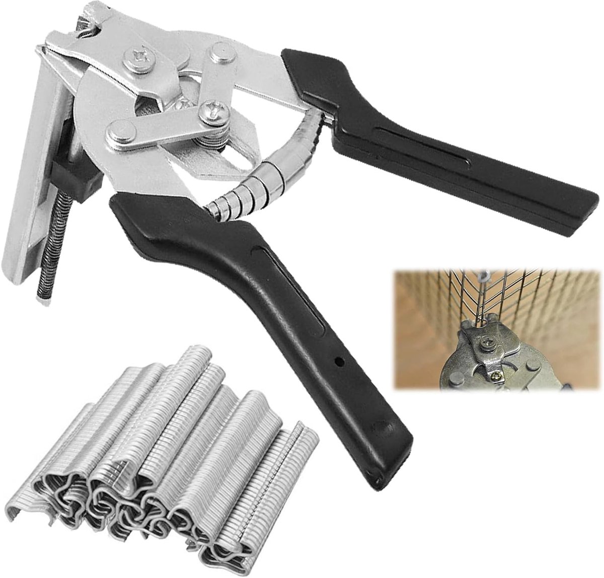 draadtang met 600 clips, verzinkt ijzer en kunststof, comfortabele handgreep, voor hekken, dierenkooien, draden, varkentjes (18 × 13 cm) (zwart, zilver)