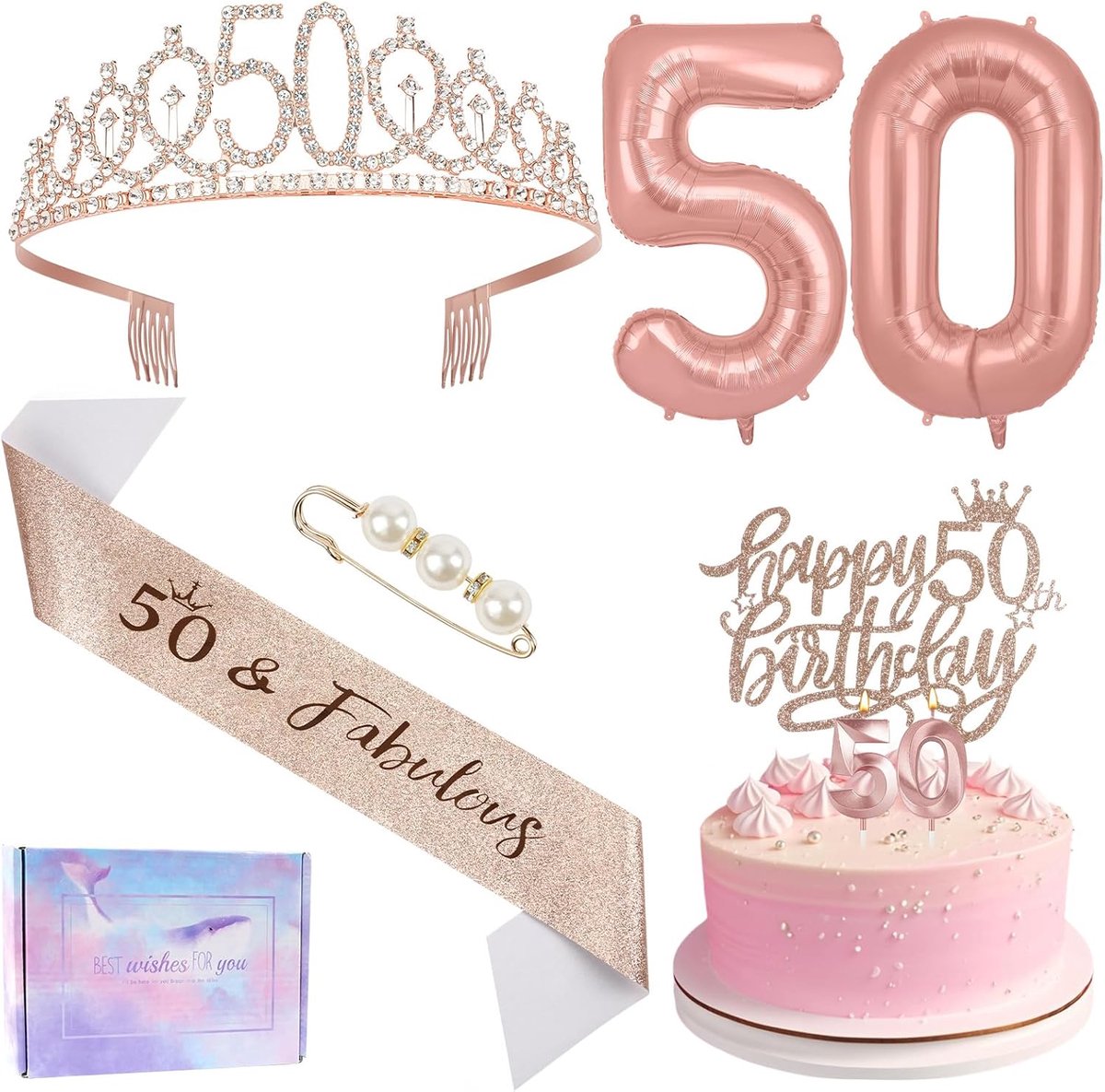 50e verjaardag decoraties voor meisjes, inclusief Happy 50e verjaardag taart topper sjerp en tiara, roségouden nummer kaarsen en ballonnen set voor meisjes geschenken feestdecoraties