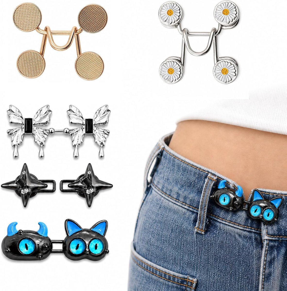 5 paar broekclips, metalen clips met madeliefjes, vlinders en monsters, voor jeans, taille, naadloos, 5 paar