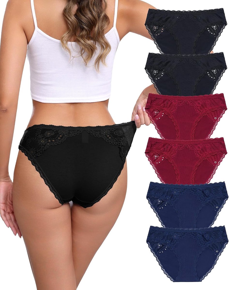 Set van 6 damesslips van kant, ademend, hipster, zacht en sexy, lage taille, maten S-XL