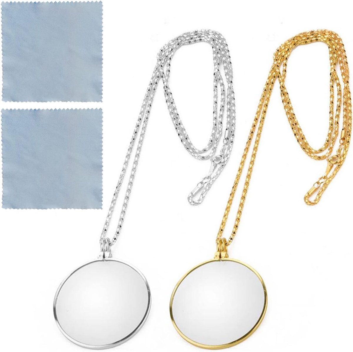 Halsketting, 5x loep met 2 vezelreinigingsdoekjes, draagbare vintage halsketting met vergrootglas voor het lezen en observeren van insecten, goud en zilver
