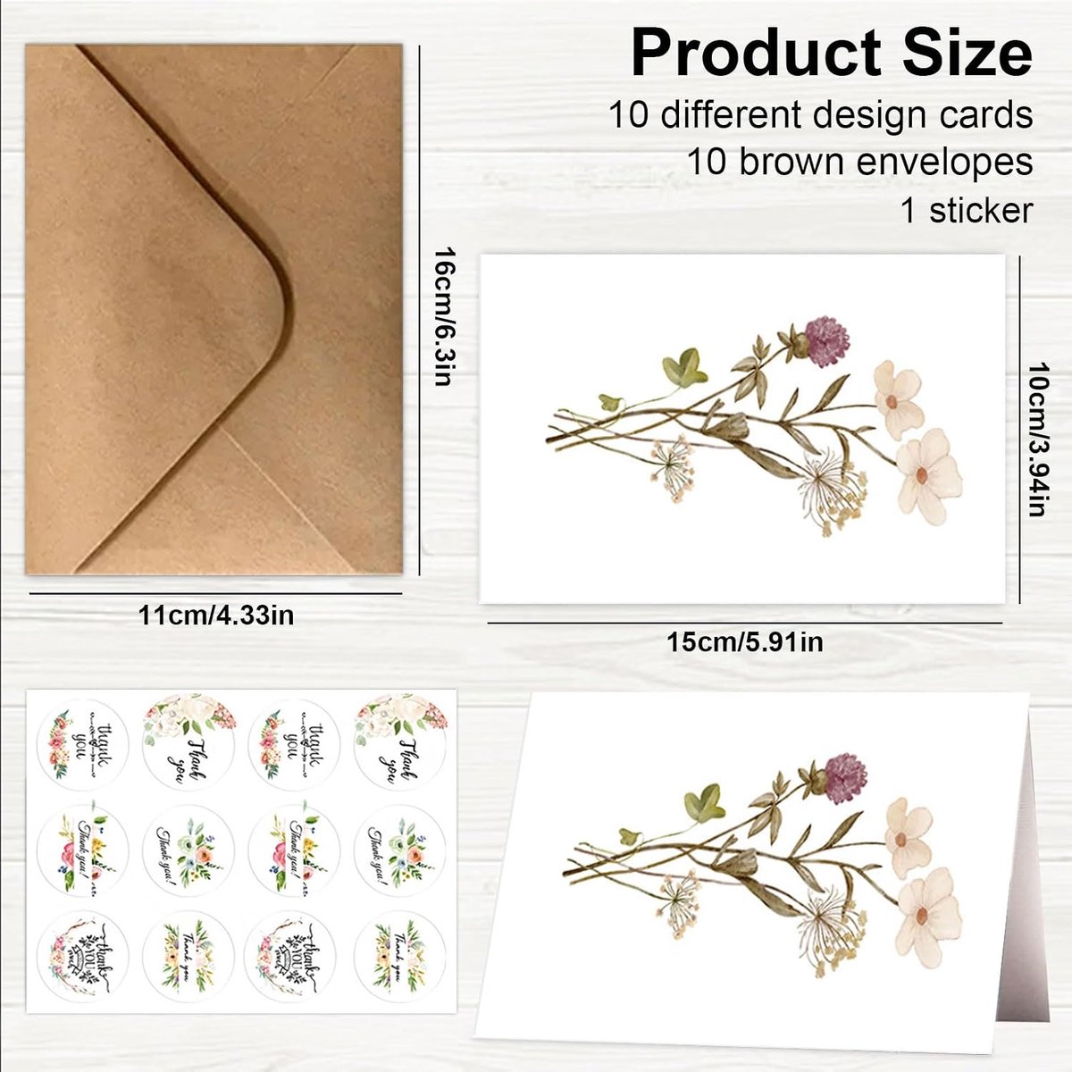 10 stuks bloemen wenskaarten vouwkaarten set met enveloppen, verjaardagskaarten en bedankkaarten set, gelukwenskaarten voor verjaardag jubileum collega's vrienden