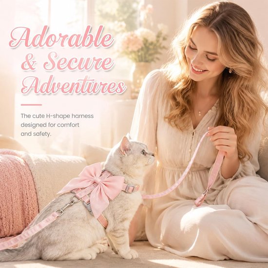 Set Met Lijn, Ontsnappingsbestendig Kattentuig, Comfortabel Verstelbaar, Met Roze Strik, Voor Katten En Puppy’s, Nylon, S Roze — afbeelding 4
