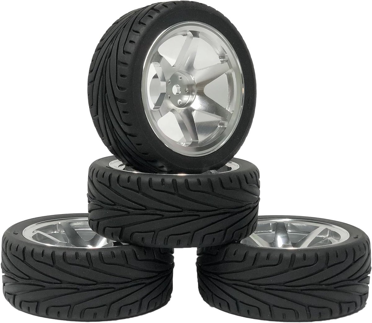 Wielenset, 4 stuks, 65 mm, rubberen banden en 6 spaken, aluminiumlegering, metalen velgen, reserveonderdelen voor 1/10 RC, On-Road Touring Racing Auto (zwart zilver)