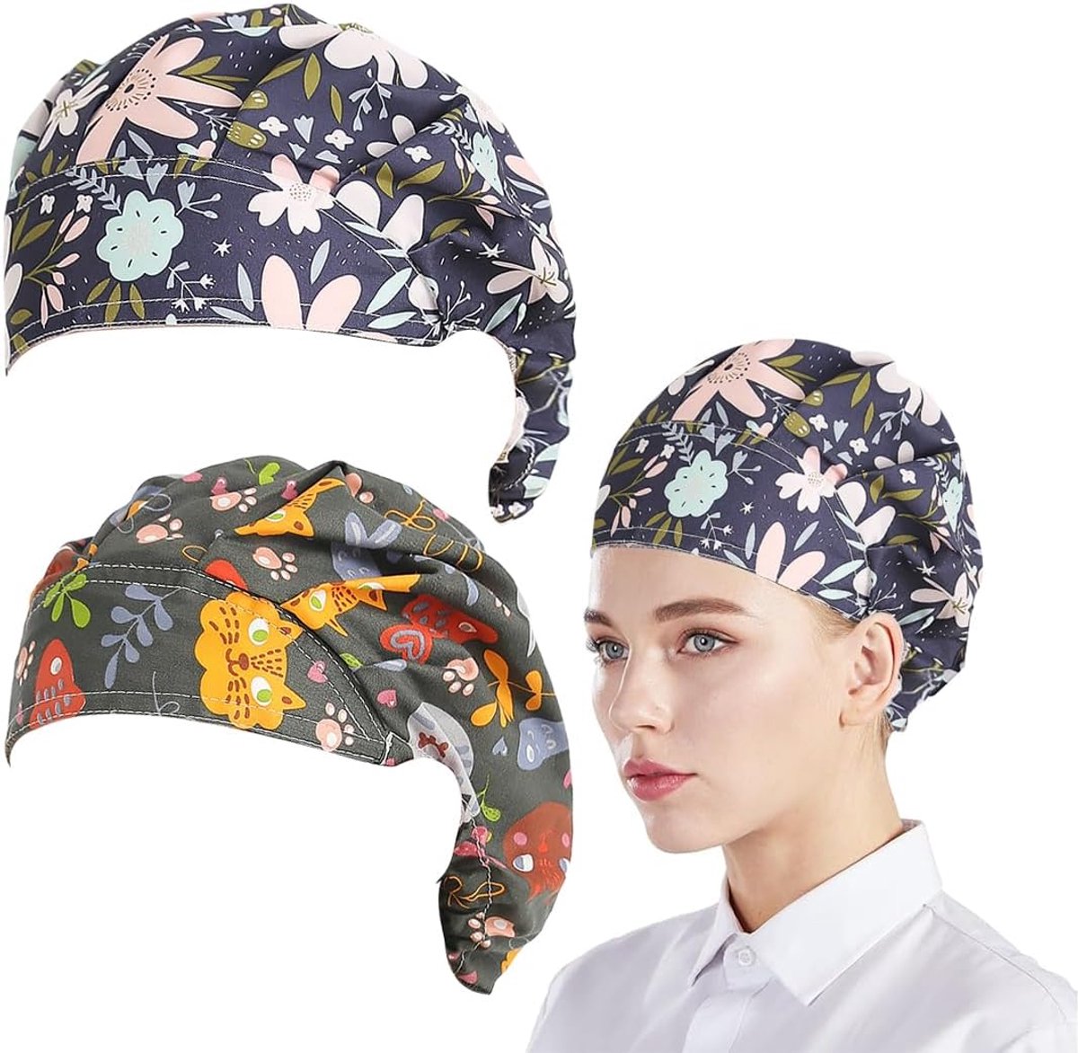 2 stuks keukenhoeden voor dames, koksmuts, werkmuts voor dames, chirurgische pet, verstelbaar met paardenstaartband, voor het afdekken van haar, douchemutsen, chirurgische, a, A