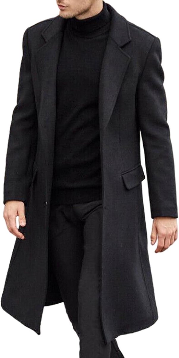 Herenjas, mantel, casual, slimfit, wol, lang, gekerfde kraag, trenchcoat, enkele rij knopen, winter, warm, bovenkleding