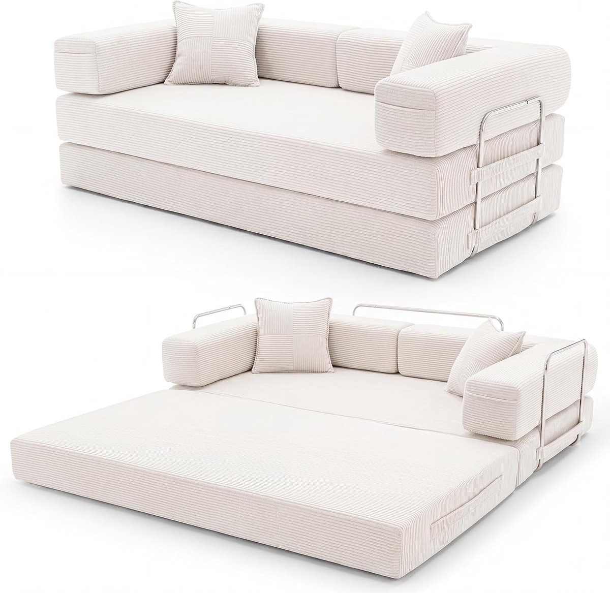 Opklapbare slaapbank 200 cm Super King Size, omkeerbare modulaire slaapbank, corduroy boneloos bankje met metalen frame, 3-zits vloerfuton matras, antislip basis, wasbare hoes
