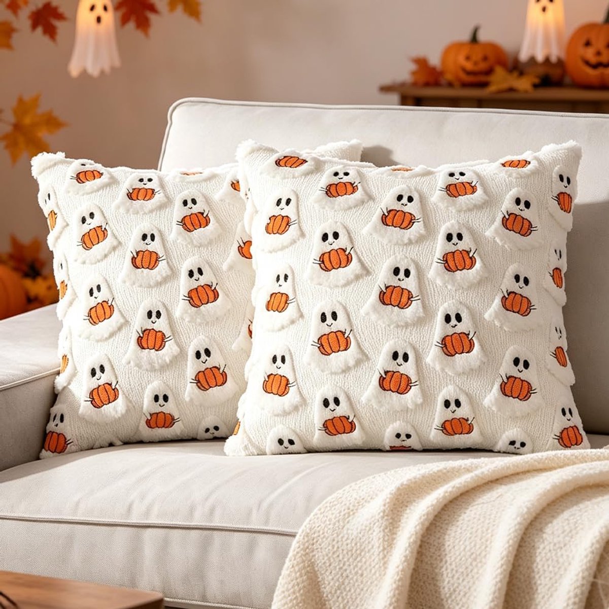Halloween kussenslopen 45 x 45 cm - pluche spook en pompoen - griezelige decoratie - sfeervolle herfstversiering - ShopVlot