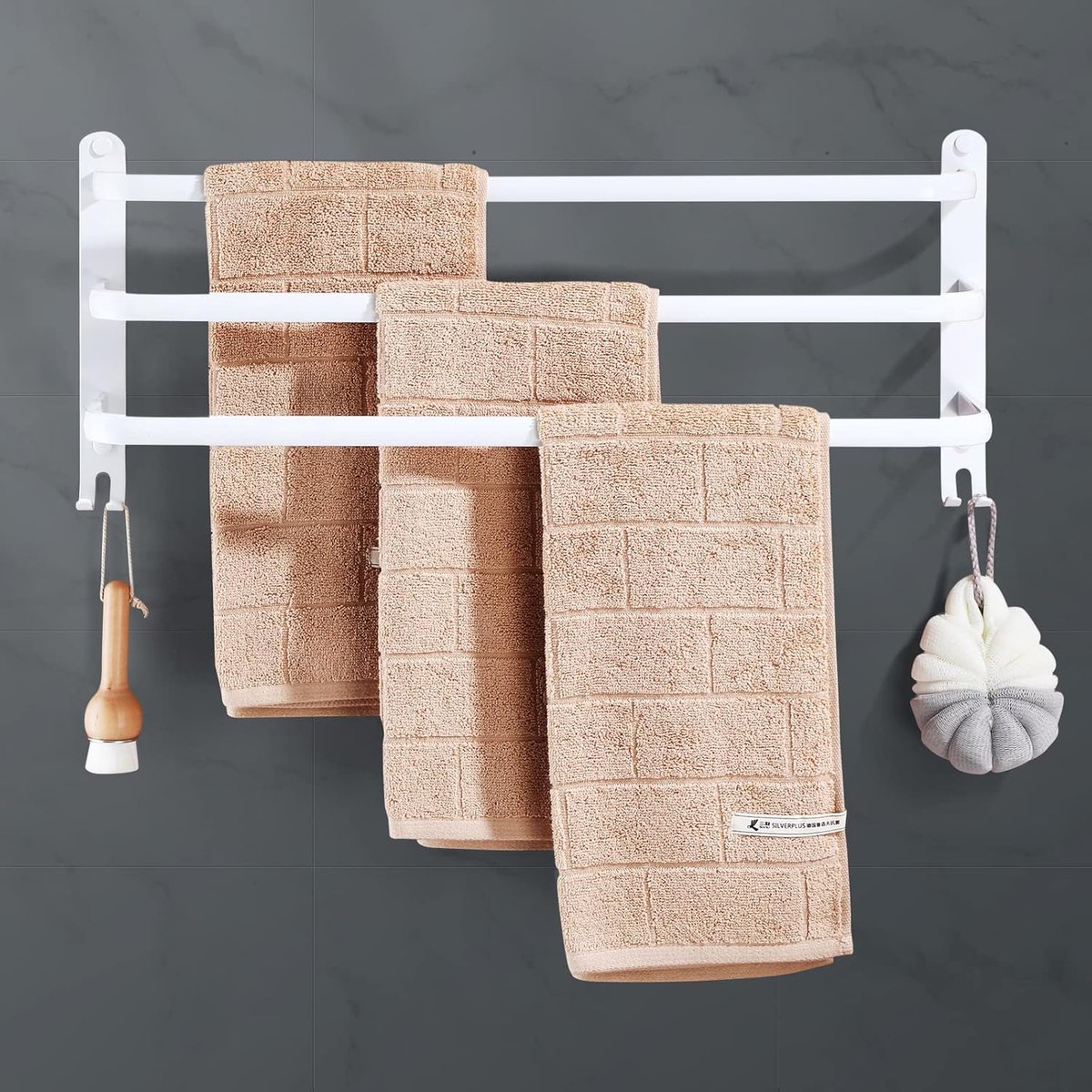 Handdoekhouder zonder boren - Aluminium zelfklevend - 3 lagen met haken - Waterdicht en roestbestendig voor badkamer - ShopVlot