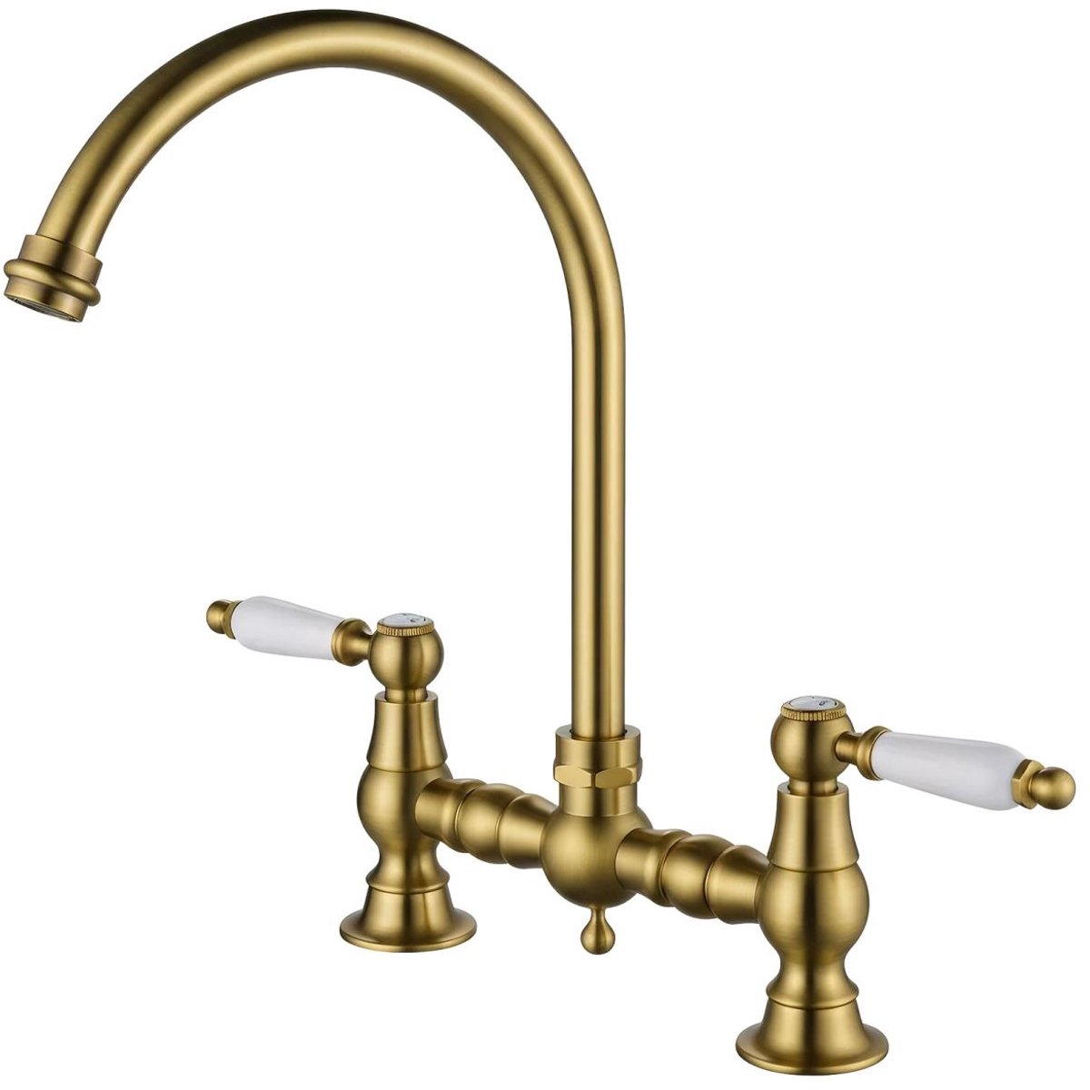 Aquanello Heritage Manor Klassieke Keuken Nostalgische Brug Keukenkraan Brons met Witte Hendel en ronde Uitlop BN-4001-HA