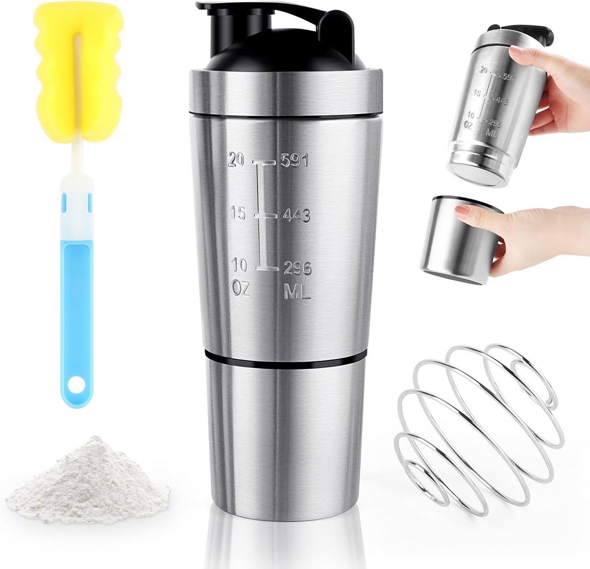 Eiwitshaker 600 + 200 ml - roestvrij staal - lekvrij ontwerp - ideaal voor eiwitshakes - ShopVlot