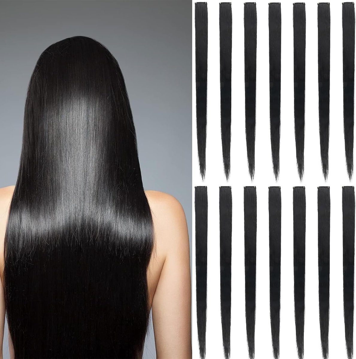 Haarextensies 12 Stuk - Gelijmd Zwart Menselijk Haar - 21 Inch - Creëer Jouw Droomlook - ShopVlot