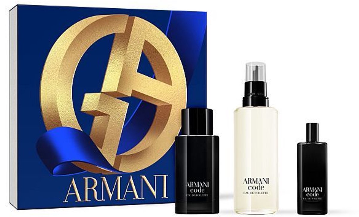 Armani Code Homme Giftset - 75 ml hervulbare eau de toilette spray + 15 ml eau de toilette spray + 150 ml eau de toilette navulling - cadeauset voor heren