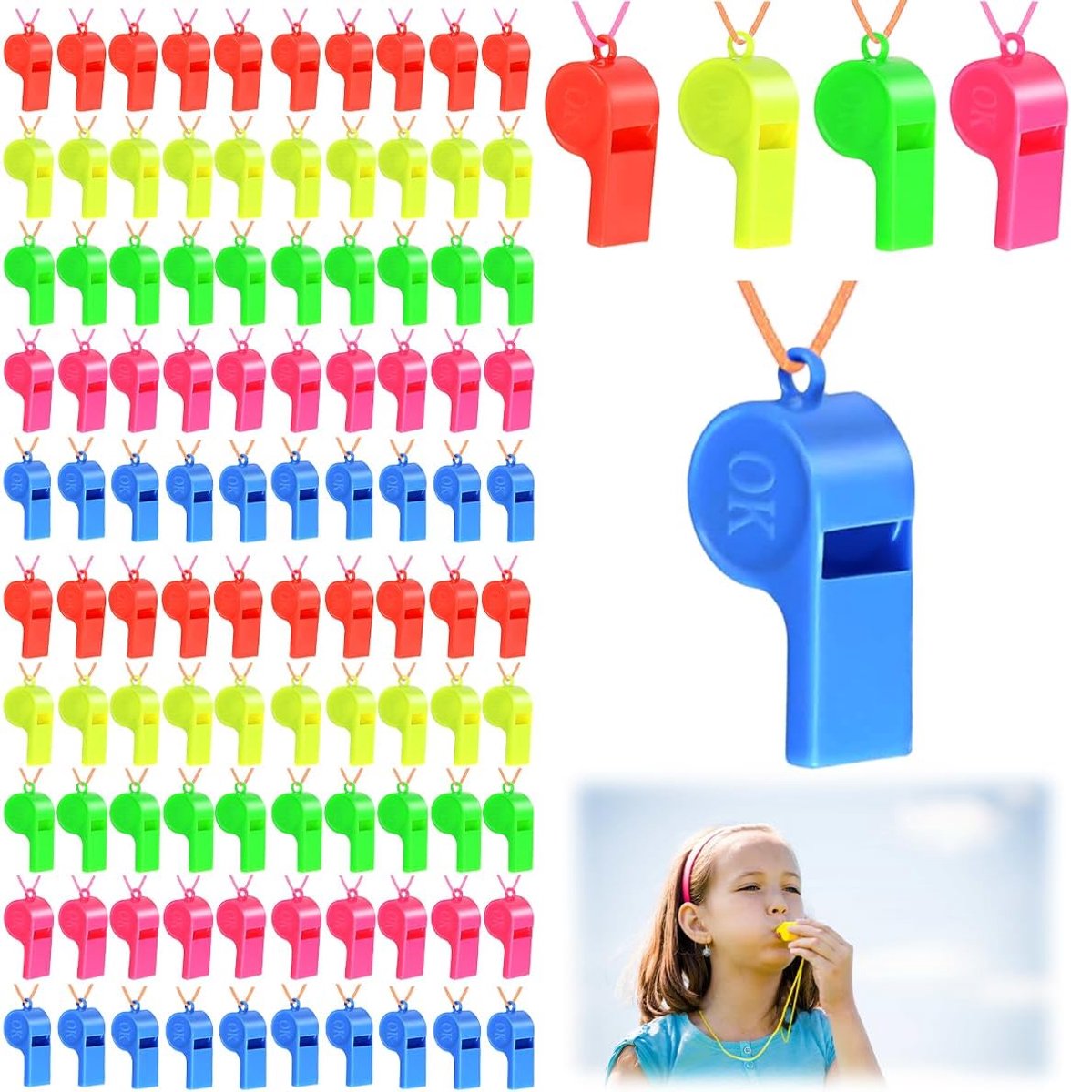 Sportfluitjes 100 Stuks - 5 Kleuren Met Lanyard - Voor Kinderen - Leuk Voor Training En Spel - ShopVlot