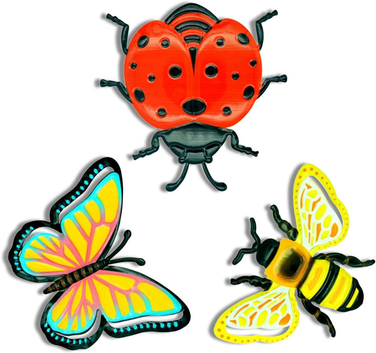 Metalen insect wanddecoratie set - 3D tuinornamenten - kleurrijke vlinder, bij en lieveheersbeestje - ShopVlot