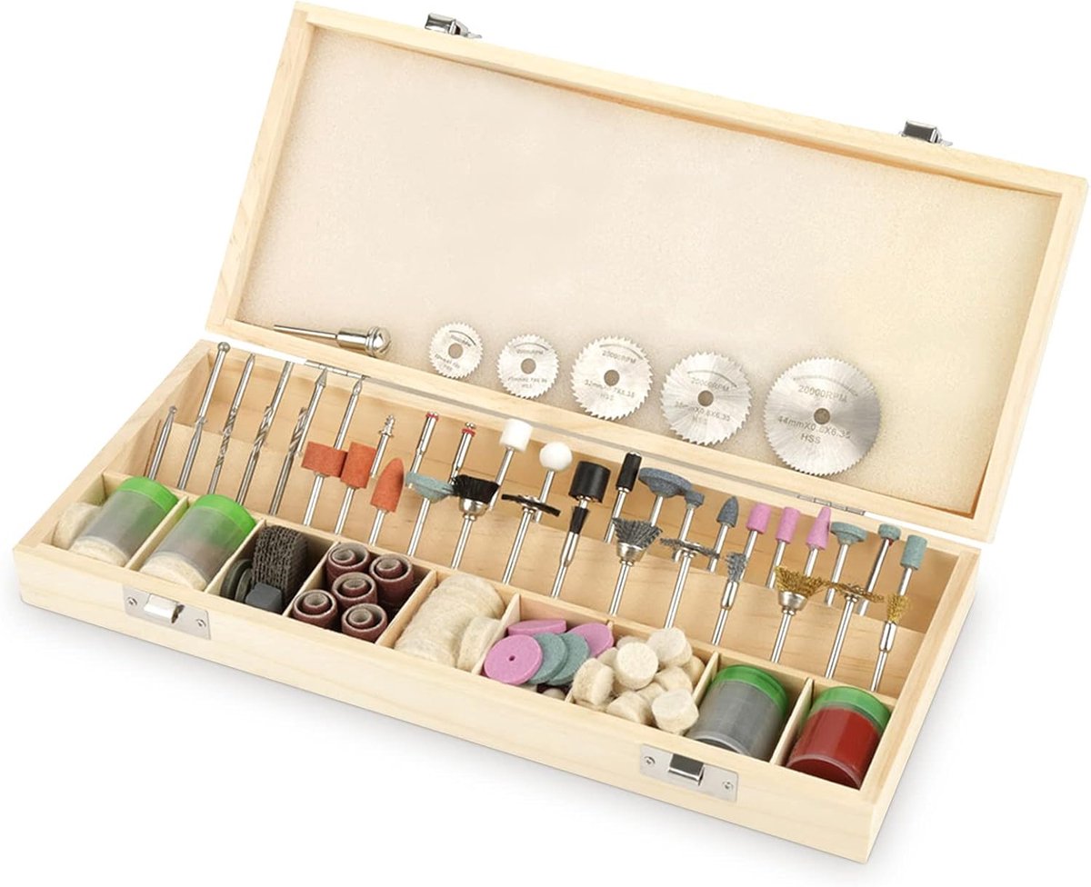 SnelShoppen - 242-delige Rotary Tool Accessoire Set met 1/8 inch Universele Schacht - Snijden, Slijpen, Schuren, Polijsten - Houten Opbergdoos - Perfe