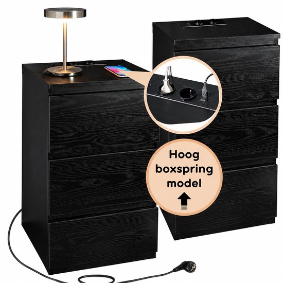 Casamoda Extra Hoge Nachtkastjes set van 2 voor Boxspring - H70 x B40 x D35 cm - 3 Lades - Stopcontact met 1x USB-C en 1x USB-A - Draagkracht 45 kg - Moderne Bijzettafel - Zwart