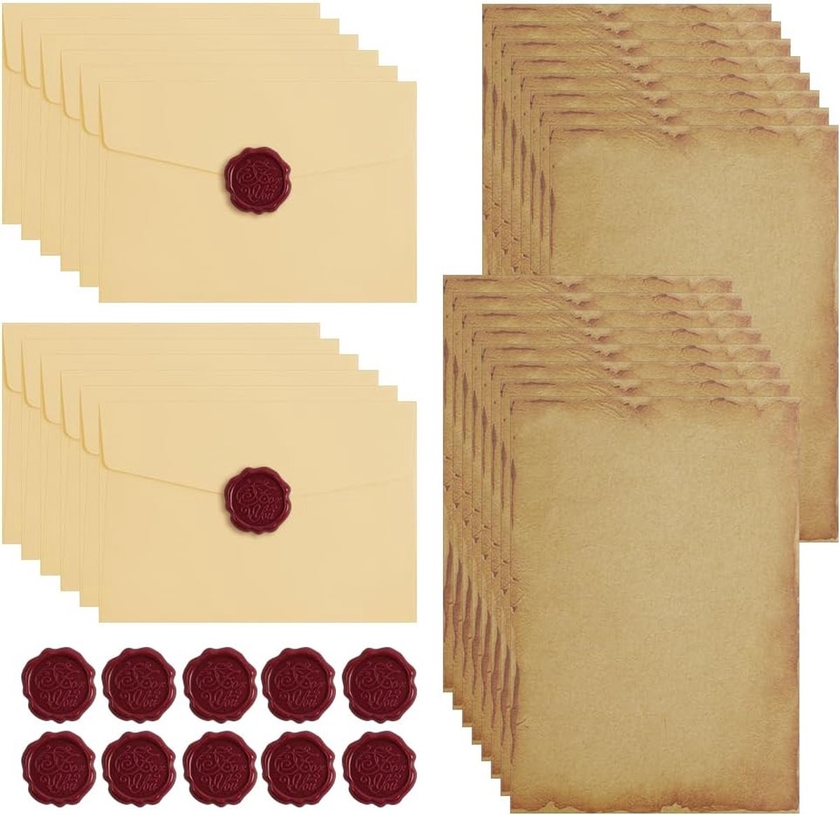 Vintage schrijfpapier set 40 stuks - B6 kraftpapier - 12 linnen enveloppen - ideaal voor uitnodigingen - ShopVlot