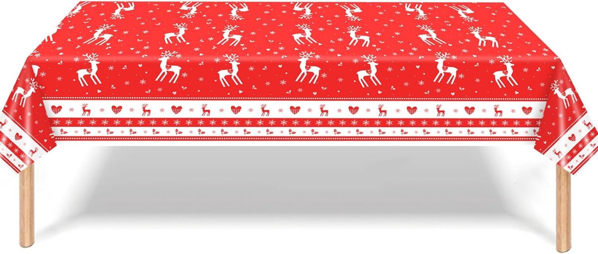Plastic tafelkleed kerst 137 x 274 cm - afwasbaar - rood en groen met kerstboom - feestelijke tafelversiering - ShopVlot