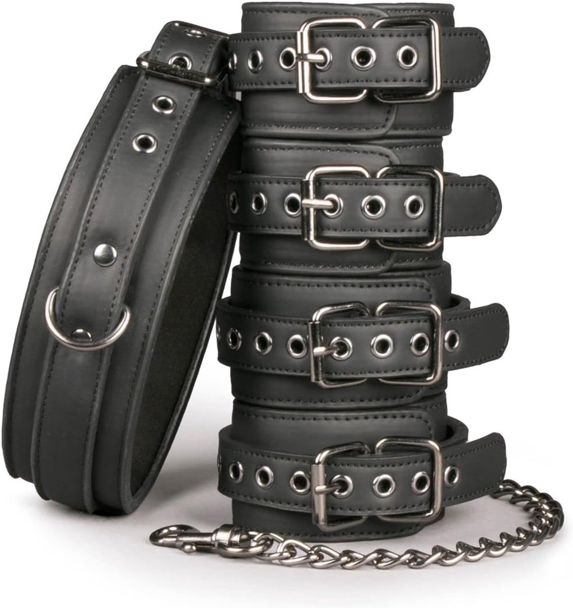 Fetish set met halsband, enkelboeien en handboeien - stevig faux leer - gevoerd met schuim - voor spannende spelletjes - ShopVlot