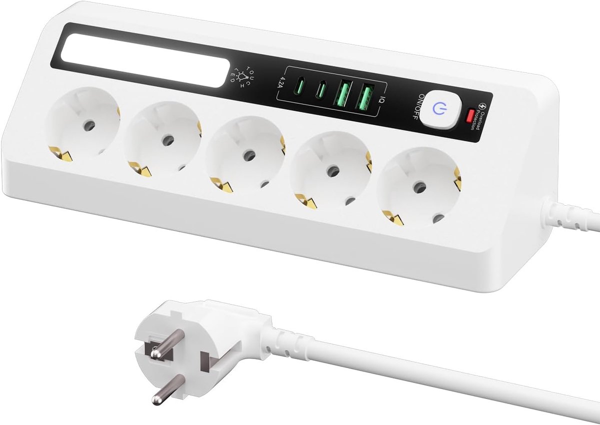 Verlengsnoer 5-stopcontacten met 4 USB-poorten - wit - met LED-verlichting - veilig opladen van apparaten - ShopVlot