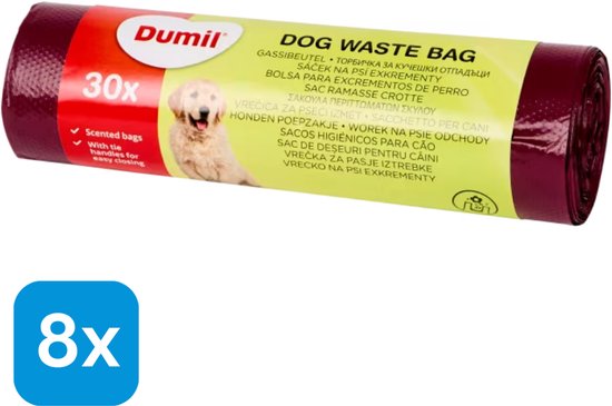 Dumil hondenpoepzakjes met handvatten, 30 stuks per rol, rood, met afgebeelde hond.