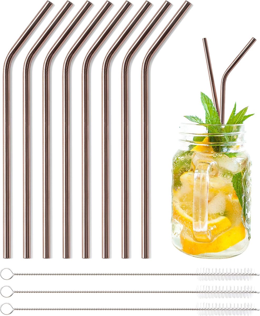 RVS drinkhalfen 21,5 cm - rosegoud - 8 herbruikbare strohalmen - inclusief 3 reinigingsborstels - ShopVlot