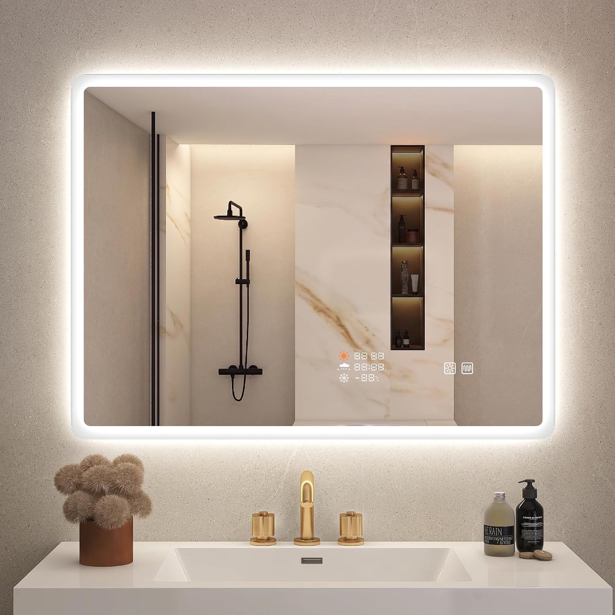 Badkamerspiegel 80 x 60 cm - Led-verlichting - Dimbaar met weerklokweergave - Modern design - ShopVlot