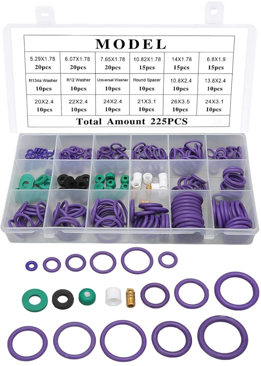 O ring afdichting set 225 stuks - 14 maten assorti - met wasmachine spacers - ideaal voor auto en machines - ShopVlot