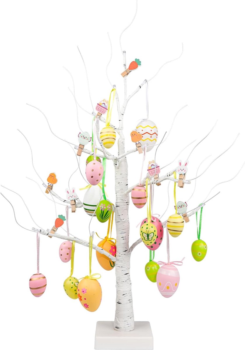 Decoratieve Paastak 60cm - Witte Berk met 18 Pastel Eieren - Ideaal voor DIY Versieringen - ShopVlot