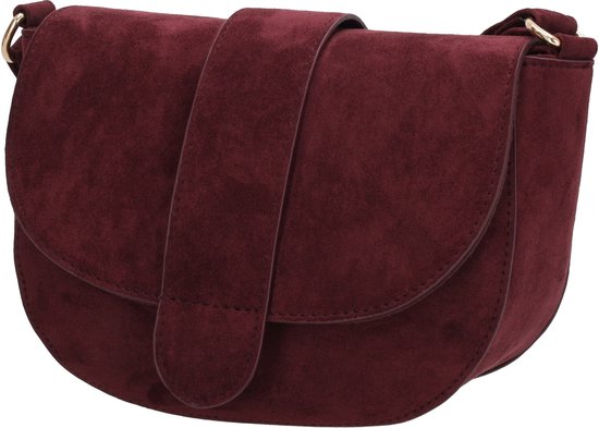 Bordeauxrode suède crossbodytas met flap en gesp.