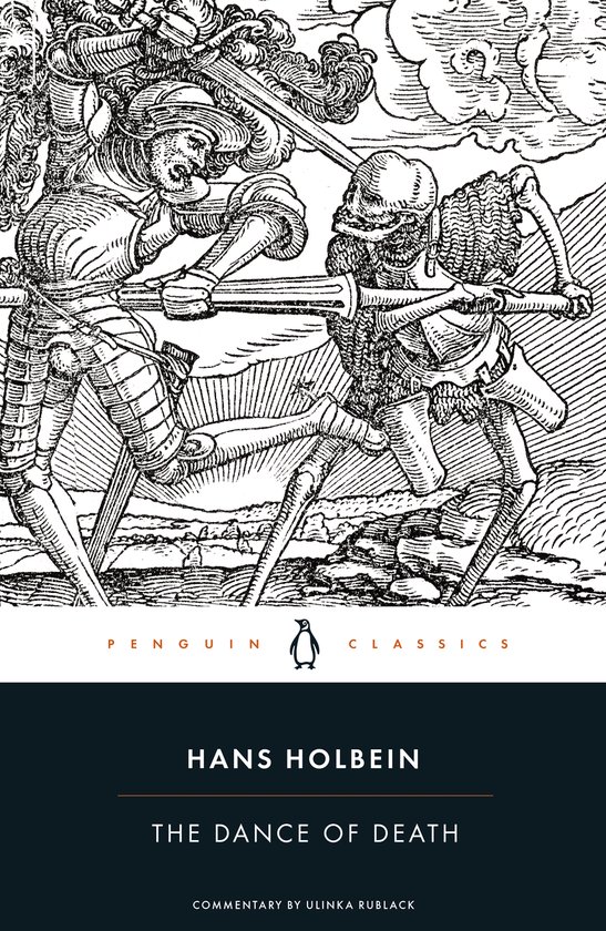 Boekcover met een ridder en de Dood die vechten, met 'Hans Holbein The Dance of Death' tekst.