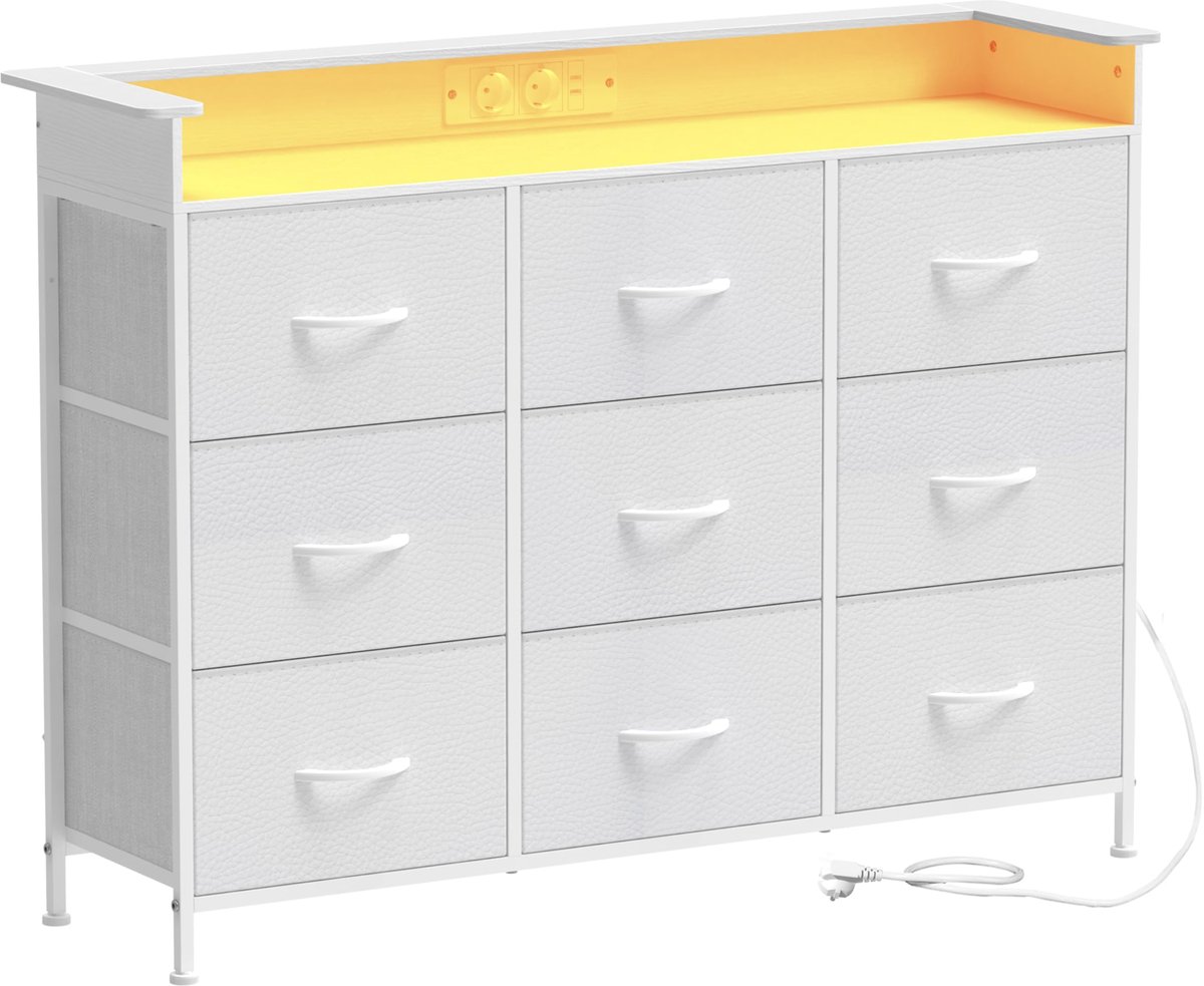 Commode met 9 laden en LED-verlichting - stoffen laden - stopcontacten - ideaal voor slaapkamer of woonkamer - ShopVlot