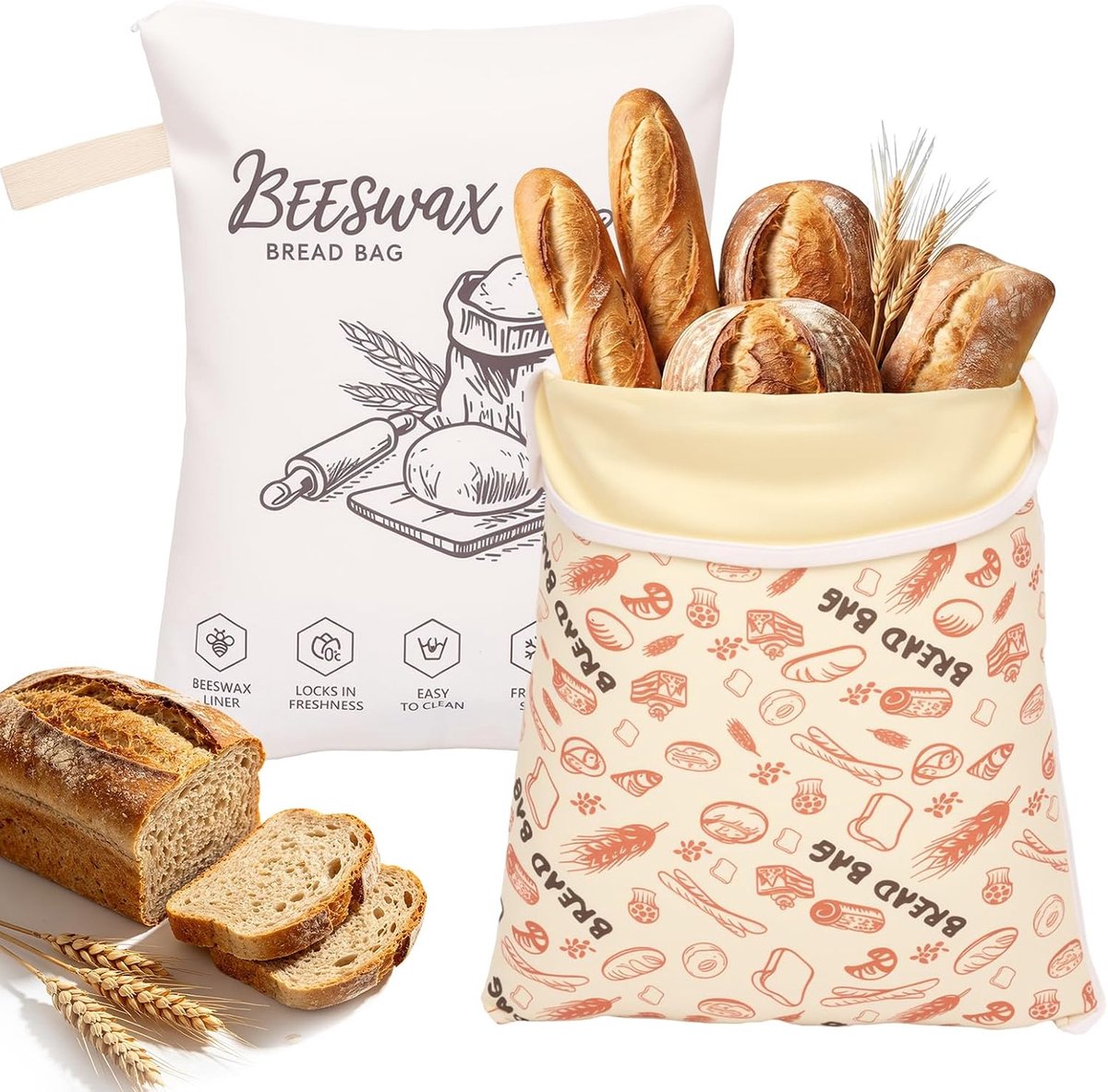 Bijenwas broodzakken 42 × 32 cm - L-vormige katoen-linnen - met ritssluiting - ideaal voor vers brood - ShopVlot