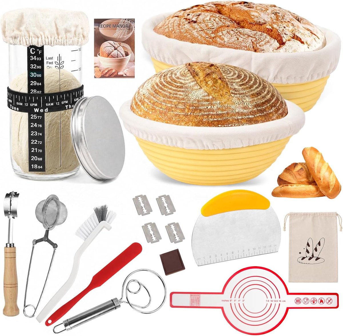 Zuurdeegstarterset 16-delig - Inklapbare siliconen gistmanden - Compleet met accessoires - Perfect voor beginners - ShopVlot