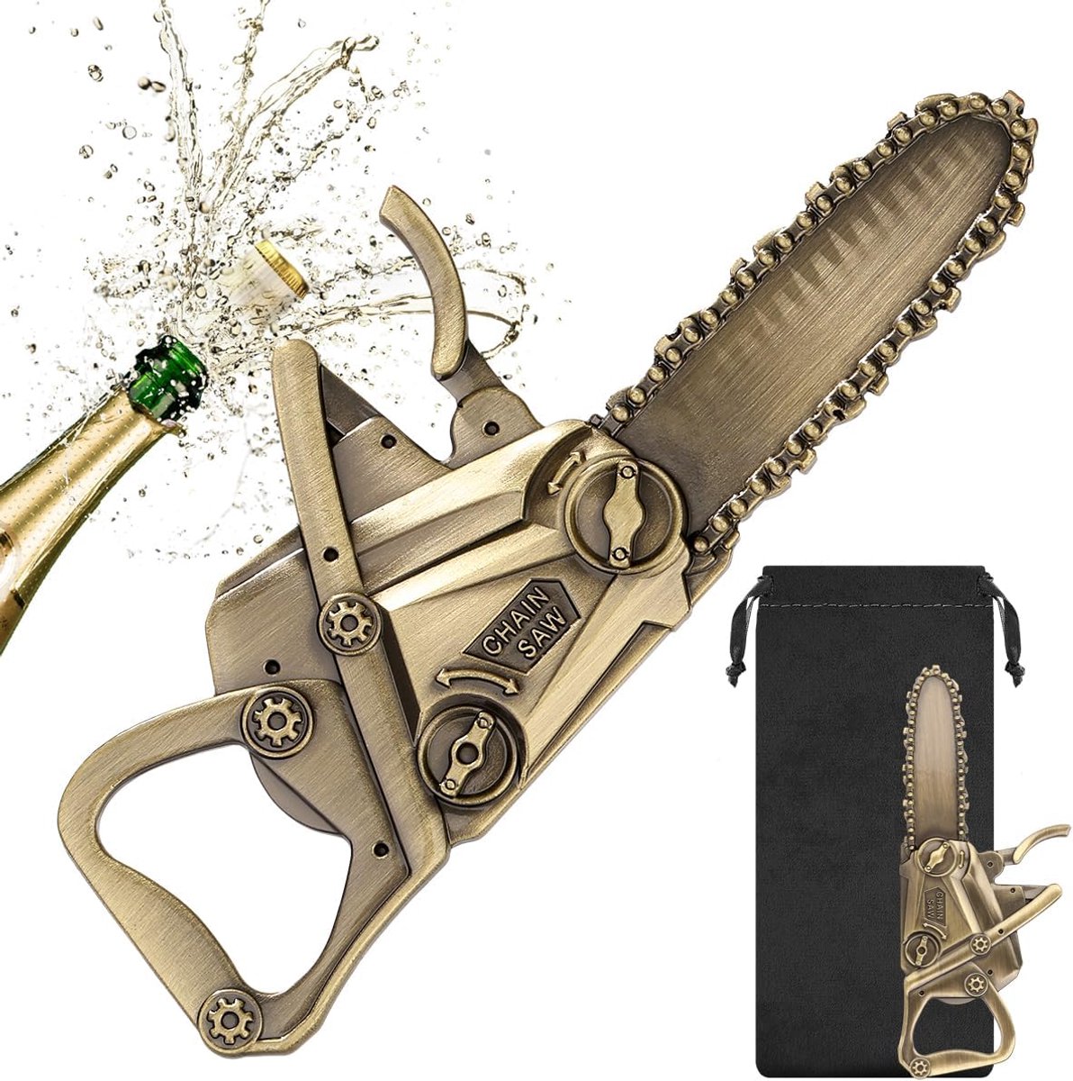 Kettingzaag flesopener - bronzen zinklegering - uniek baraccessoire - leuk cadeau voor mannen - ShopVlot