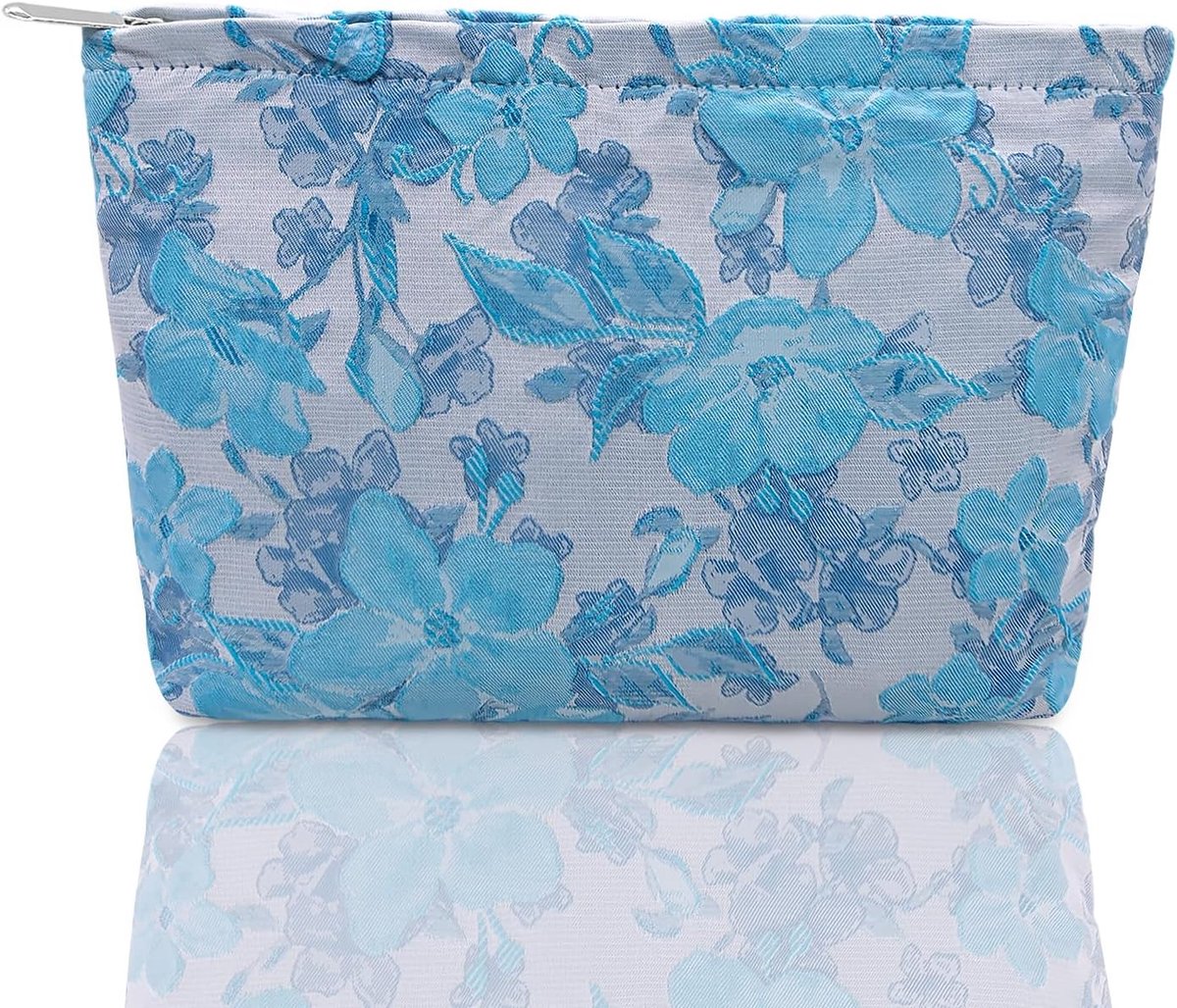 Make-up tas groot - canvas toilettas - ijsblauw bloemenprint - ideaal voor reizen - ShopVlot