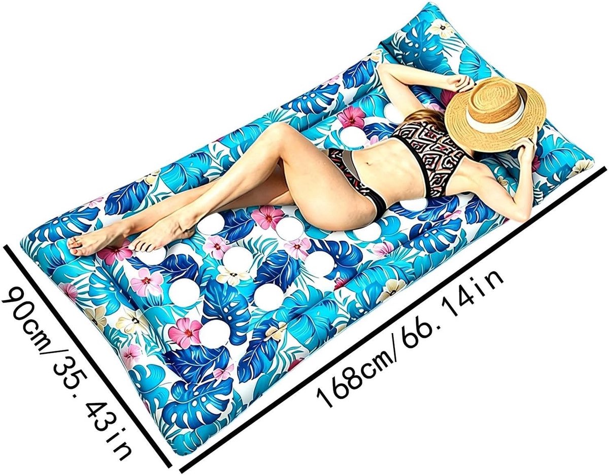 Opblaasbaar Zwembadbed - Luchtbed Strand - Ontspannen op water - Tropisch bladpatroon - 168 x 90 cm - Multicolor