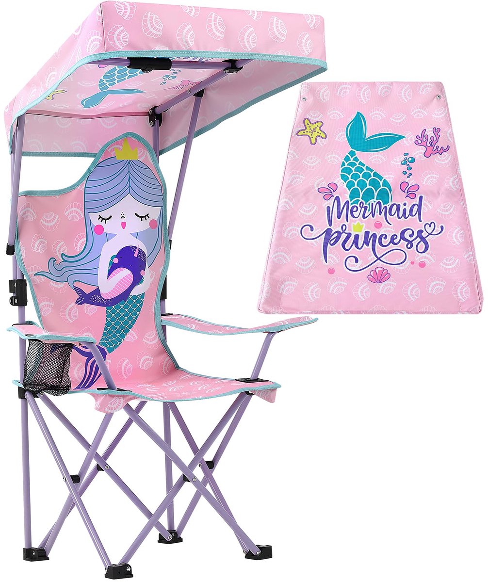 Campingstoel voor kinderen met parasol - roze zeemeermin - klapstoel met bekerhouder - ideaal voor buiten - ShopVlot