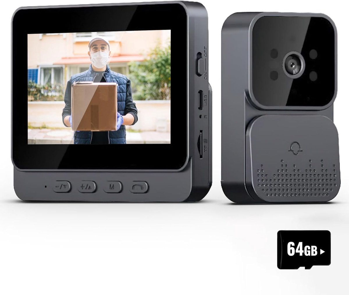 Video-intercom, draadloze videodeurbelcamera van 4,3 inch met display, persoonsdetectie, tweewegsaudio, nachtzicht + 64 GB geheugenkaart.